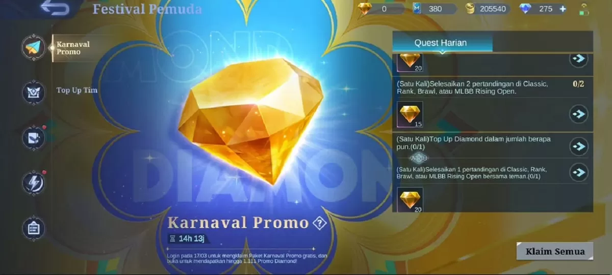 Diamond Kuning dimulai pada tanggal 3 hingga 20 Juli, diikuti dengan fase belanja yang berlangsung dari 21 hingga 27 Juli.
