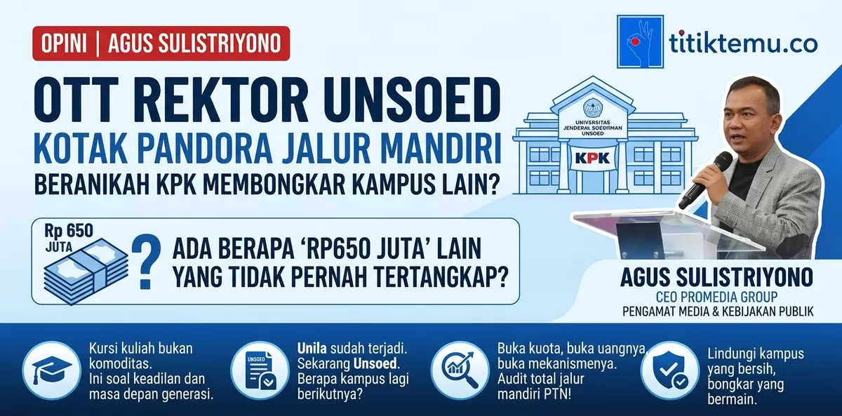 Agus Sulistriyono - CEO Promedia Group : Beranikah KPK Membongkar Kampus Lain?  (Grafis AI : TitikTemu.co)