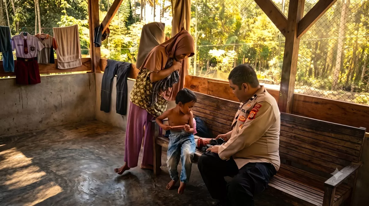 Foto : Aipda Joni, Polisi Polres Pidie Jaya, sambangi langsung kediaman lima bersaudara yatim piatu yang hidup dengan himpitan ekonomi ekstrem. (ist./jpp/AIExpan)