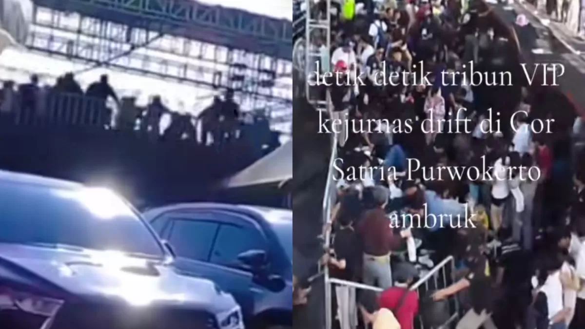 Tribun VIP Kejuaraan Nasional (Kejurnas) Drift Speed Fest Seri 3 2026 di GOR Satria Purwokerto ambruk. (TikTok/mr_dri123)