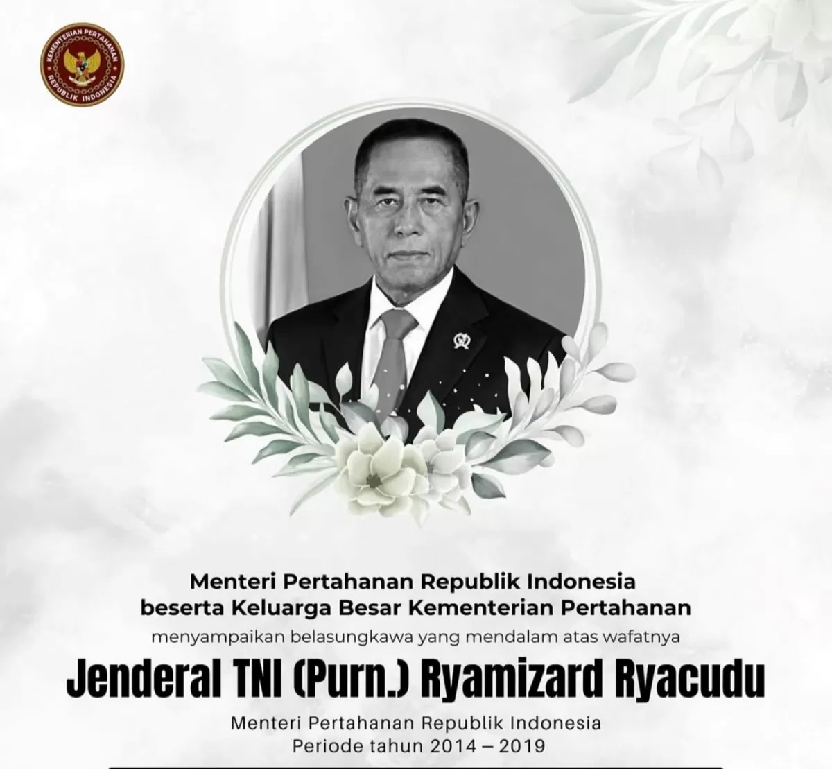 Indonesia berduka. Mantan Menteri Pertahanan Republik Indonesia, Jenderal TNI (Purn) Ryamizard Ryacudu, meninggal dunia pada Minggu, 31 Mei 2026 pukul 14.03 WIB. (Foto: Dokumen/ Instagram Kemhanri)