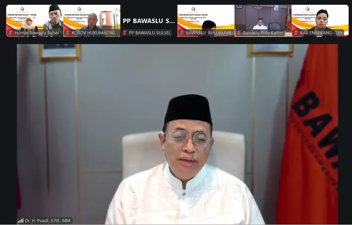 Anggota Bawaslu Puadi menjadi narasumber dalam Forum Review Kajian Hukum Telaah Perkara TSM pada Pilkada 2024 secara daring, Jumat (19/6/2026).