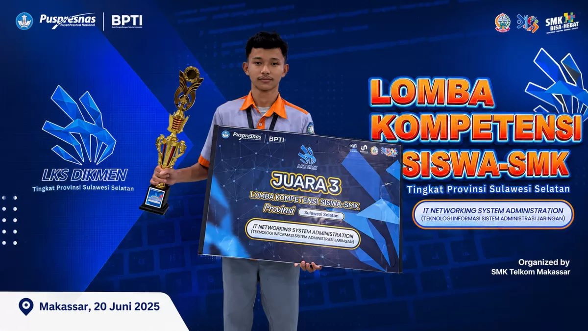 Reski Ananda siswa SMKS Teknologi Informatika (SMK TI) Bulukumba yang berhasil meraih Juara 3 Lomba Kompetensi Siswa (LKS) SMK Tingkat Provinsi Sulawesi Selatan Tahun 2026 pada bidang IT Network and System Administration (ITNSA) yang digelar di SMK Telkom Makassar, 19&ndash;21 Juni 2026.