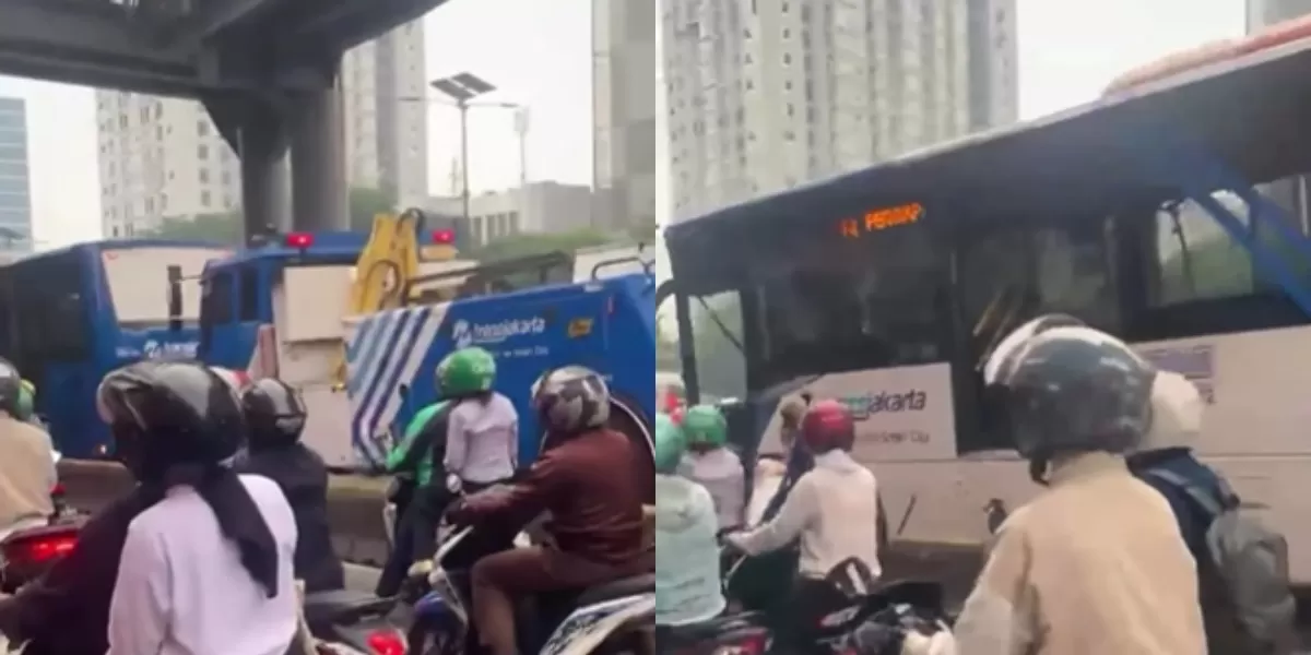 Menyoroti insiden viral kecelakaan yang melibatkan bus TransJakarta (TJ) di kawasan Halte Cikoko, Jakarta Timur (Jaktim). (Instagram.com/@biangproject)