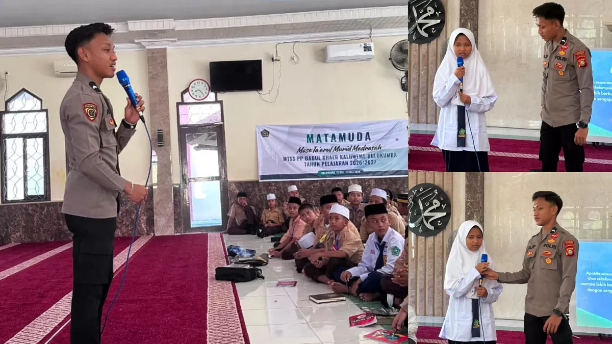 Prsonel Bagian SDM Polres Bulukumba, Bripda Muhammad Alif memberikan penyuluhan bertema "Stop Bullying" kepada siswa MTs dan MA Babul Khaer di Pondok Pesantren Babul Khaer, Selasa (14/7/2026).