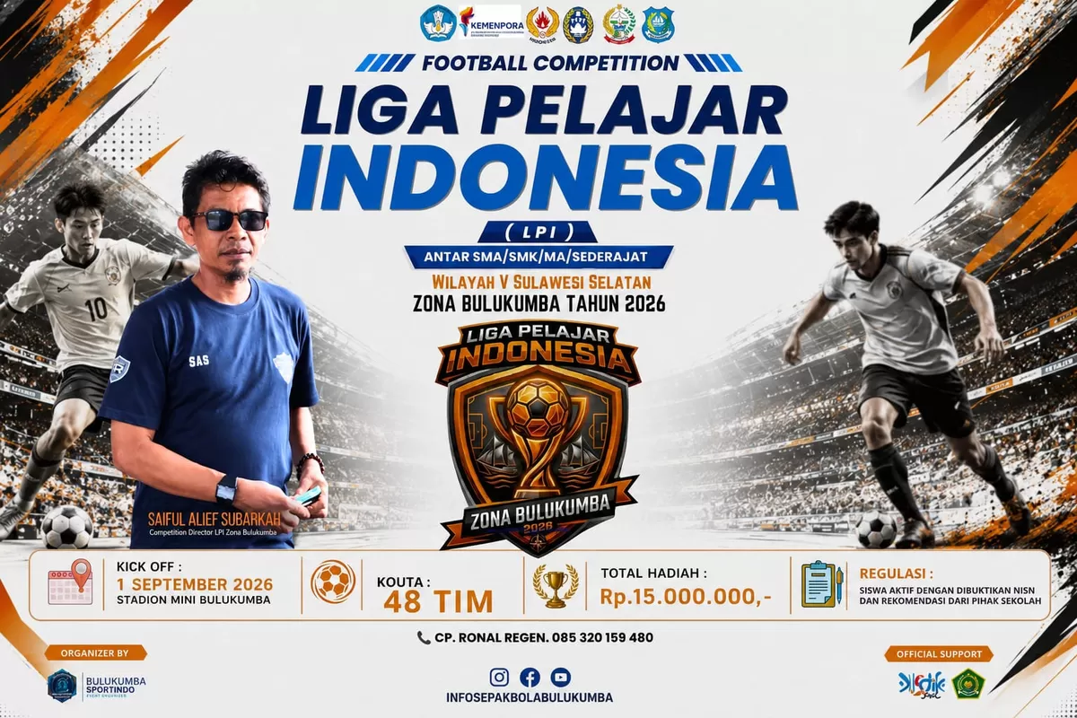Liga Pelajar Indonesia (LPI) 2026 Zona Bulukumba dipastikan mulai bergulir pada 1 September 2026. Kompetisi sepak bola antarpelajar tingkat SMA/SMK/MA sederajat