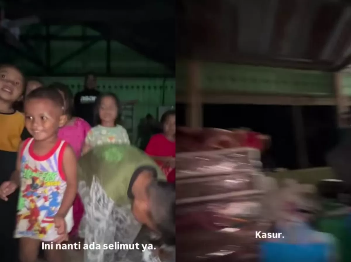 Anak-anak di Dusun Sarah Raja, Aceh Utara saat menerima bantuan kasur (Instagram/khaliltoktok)