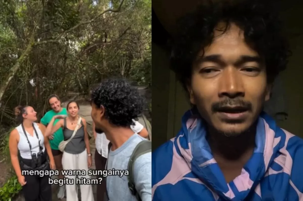 Menyoroti penjelasan seorang tour guide di Kalimantan tentang sungai air hitam yang kini dinilai mulai tercemar oleh limbah tambang emas (Instagram.com/@orangudeny)