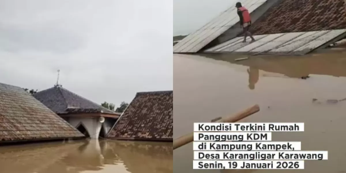 Menyoroti insiden viral rumah panggung yang dibangun Gubernur Jabar, Dedi Mulyadi alias KDM terendam banjir di Telukjambe Barat, Karawang (Instagram.com/@karawanginfo_official)