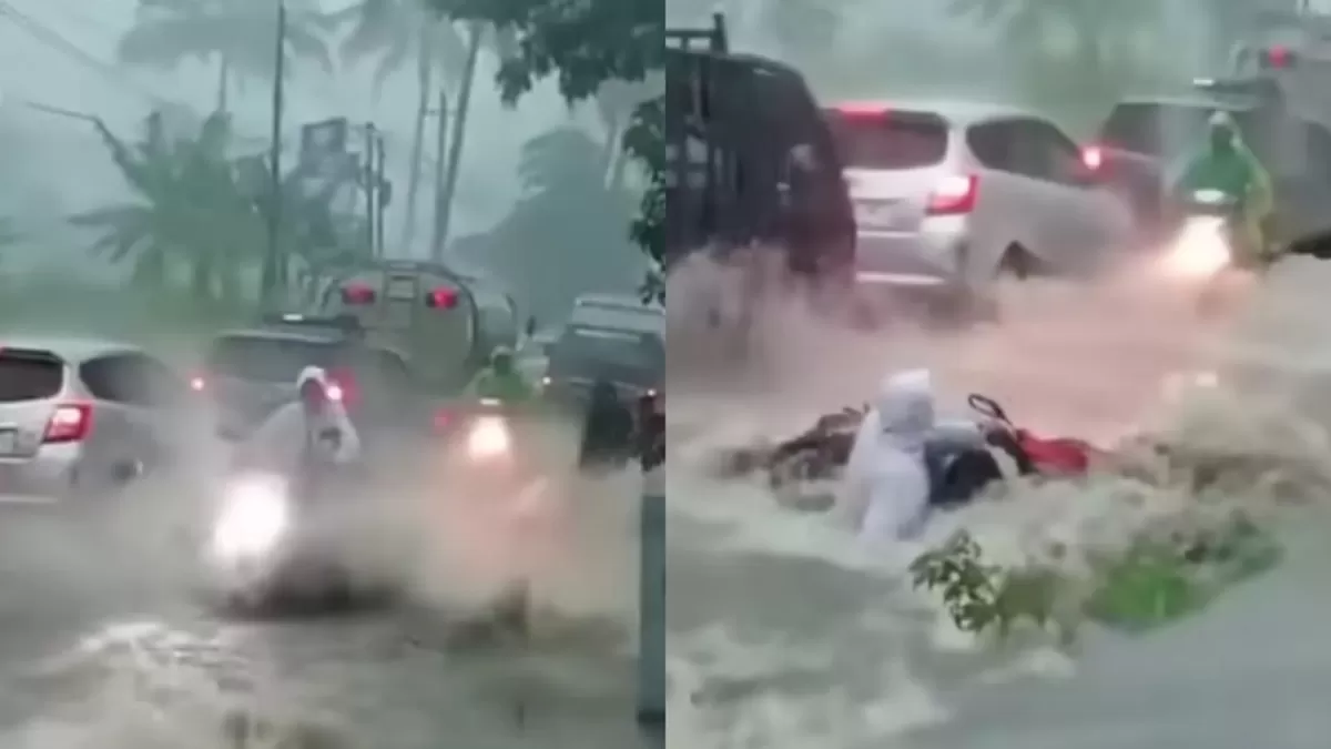 Korban Ajun Arman Permadi saat membantu pengendara motor sebelum terseret banjir di Bojong, Tegal (Instagram/tegalhariini_)