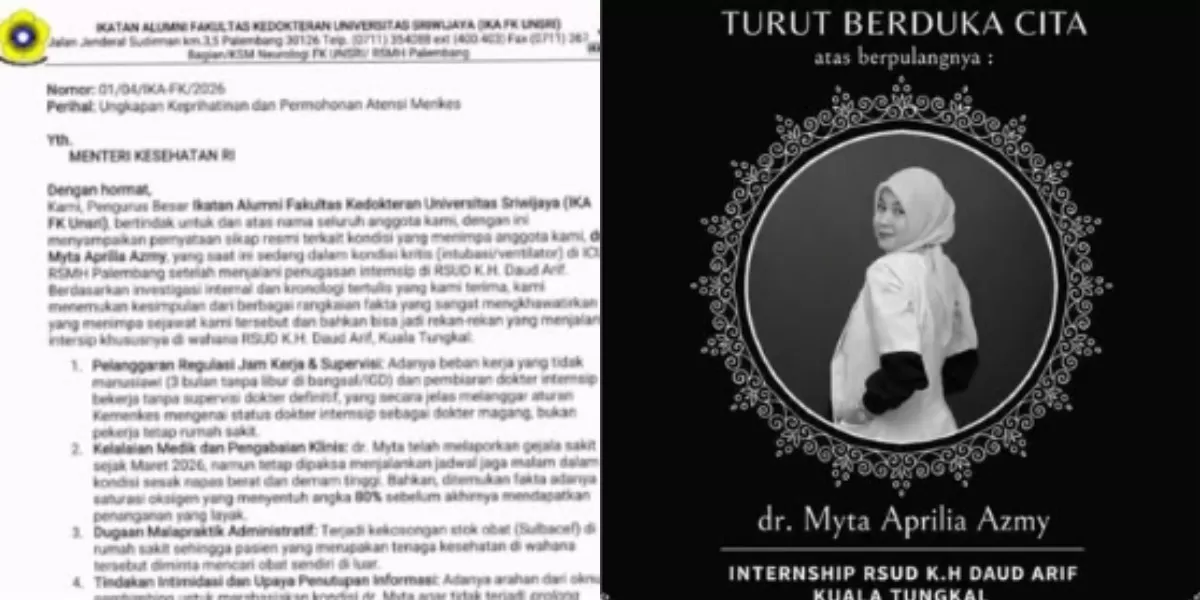Menyoroti kasus kematian dr Myta Aprilia Azmy, dokter internship Universitas Sriwijaya (Unsri) yang sempat bertugas di RSUD Kuala Tungkal Jambi (Instagram.com/@wakandafeeds - @medicstory.id)