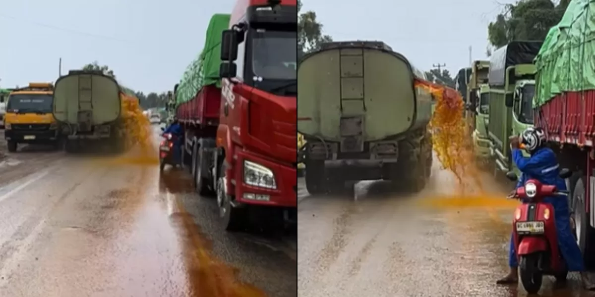 Menyoroti insiden bocornya tangki minyak sawit dalam truk di Jalur Lintas Sumatera hingga viral di medsos (TikTok.com/@virdonrivaldi_)