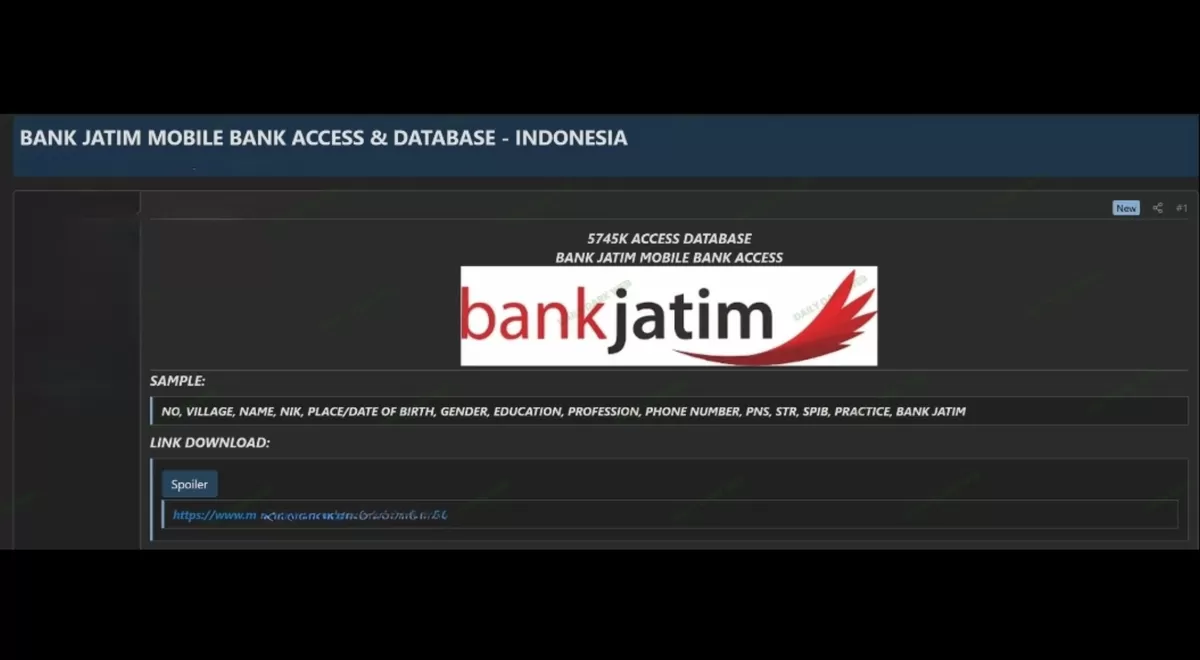 Isu dugaan kebocoran data 5,7 juta nasabah Bank Jatim yang disebut beredar di situs gelap (X/DarilyDarkWeb)