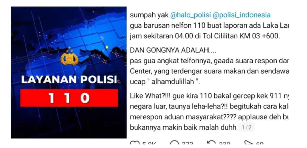 Viral keluhan pelayanan Layanan 110 Polri di media sosial (Tribrata - Threads/de.pirjin)