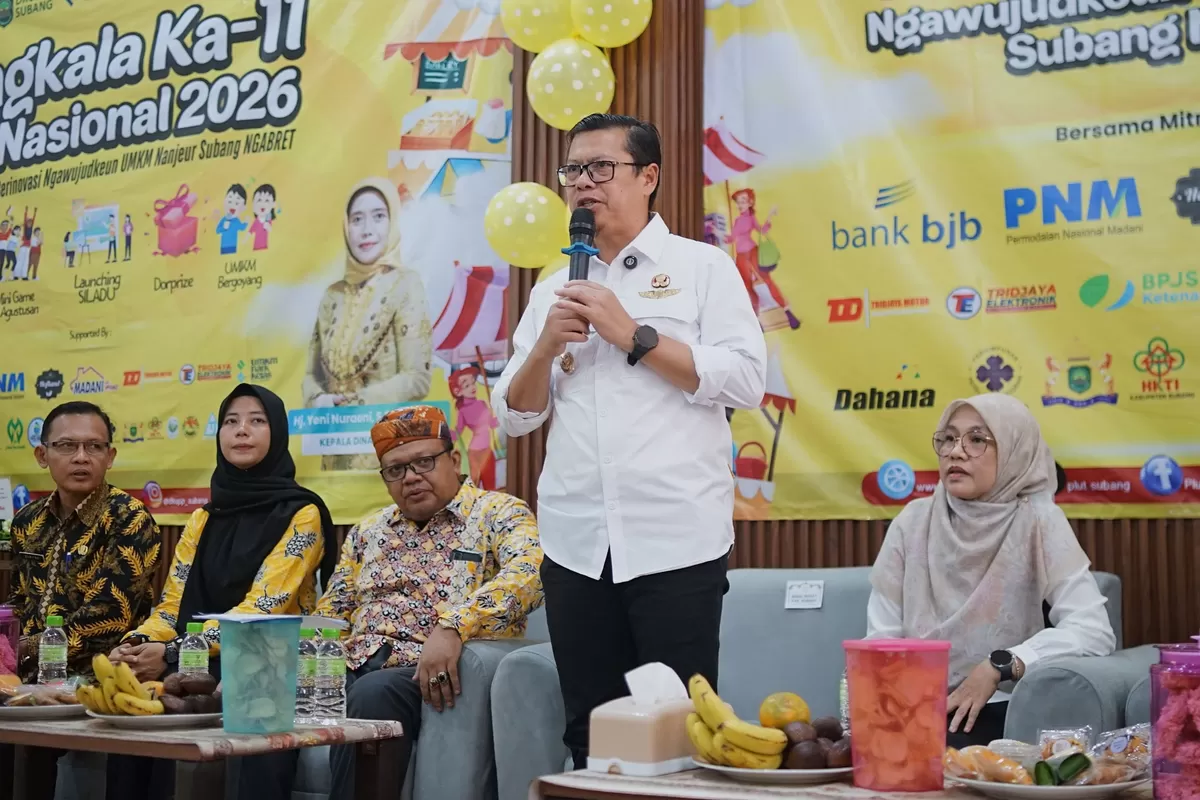 Wakil Bupati Subang, Agus Masykur Rosyadi, menyampaikan sambutan dalam Milangkala ke-11 UMKM Nasional Tahun 2026 di PLUT UMKM Kabupaten Subang, Rabu 12 Agustus 2026 (Dok. Istimewa)