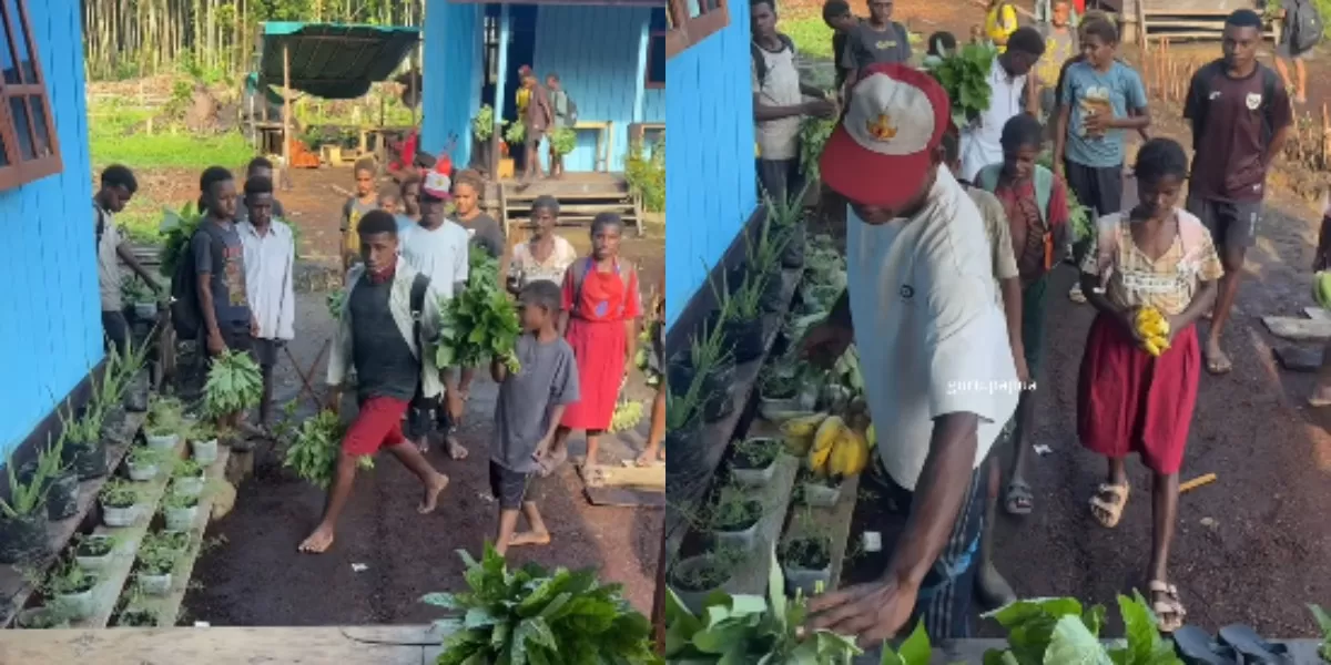 Mengintip momen haru anak-anak sekolah di Papua yang berbagi hasil ladang berupa sayur dan buah untuk para gurunya (Instagram.com/@guru.papua)