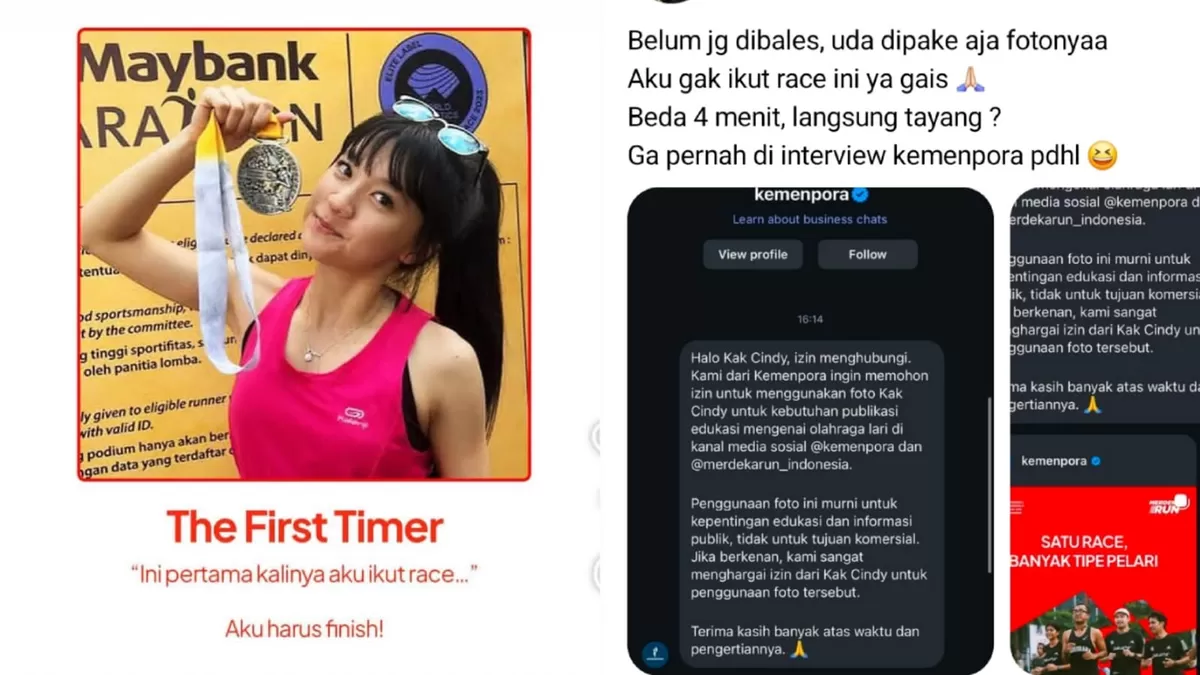 Unggahan Cindy Gulla tentang Kemenpora yang pakai fotonya untuk promosi event lari tanpa izin (Threads/cgulla)