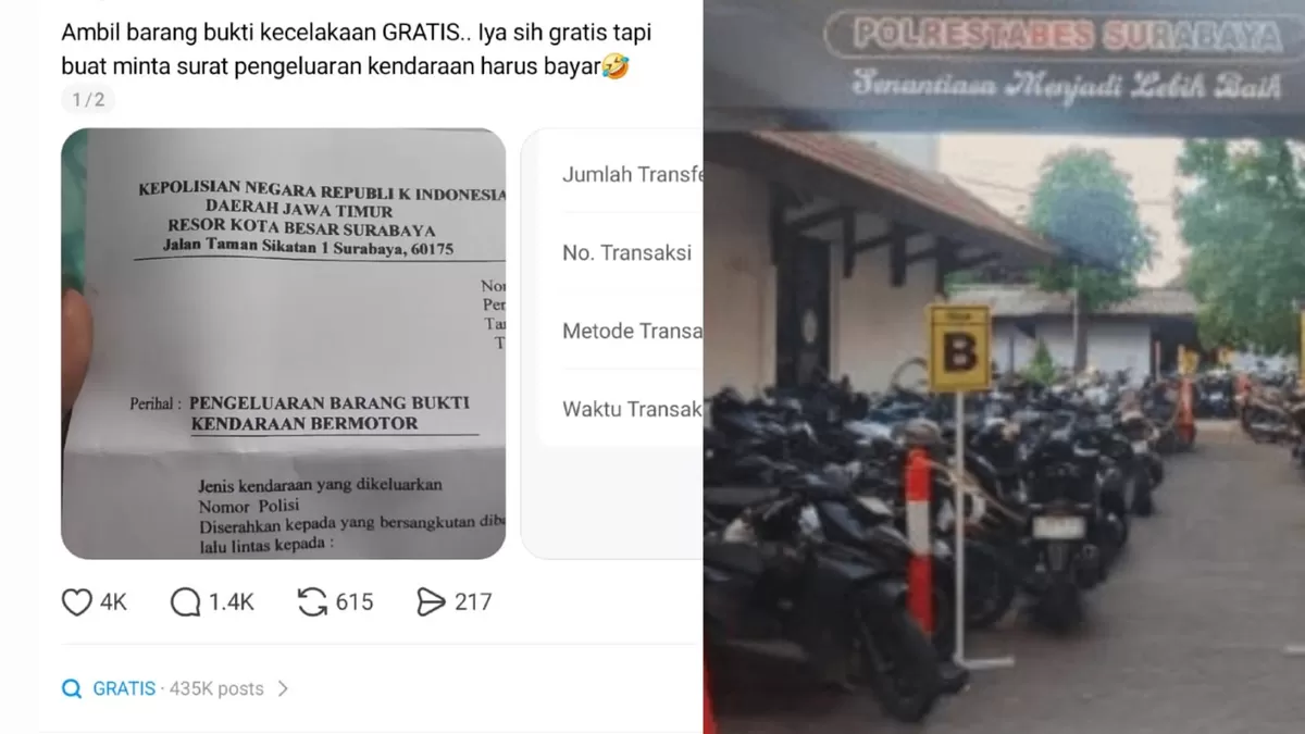 Unggahan viral dugaan pungutan saat akan mengambil kendaraan bukti kecelakaan yang dilakukan oknum Polrestabes Surabaya (Threads/tasyamarella96 - Dok. Polrestabes Surabaya)