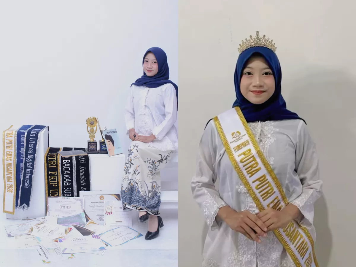 Haffi Innabah Salsabila, mahasiswi Universitas Mandiri Subang, berhasil masuk Top 6 ajang Putra Putri Emas Nusantara sekaligus menyabet gelar Terinspiratif