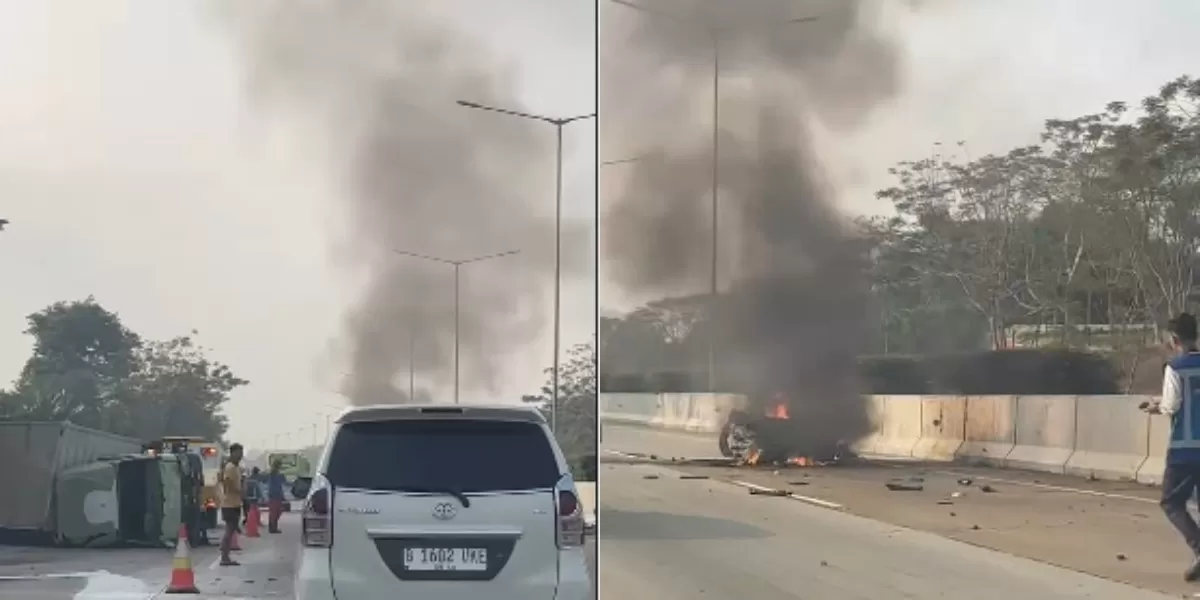 Menyoroti insiden kecelakaan mobil vs truk cargo di area jalan tol Serpong-Cinere, Tangerang Selatan, pada Minggu, 30 Agustus 2026 (Instagram.com/@seputartangsel)