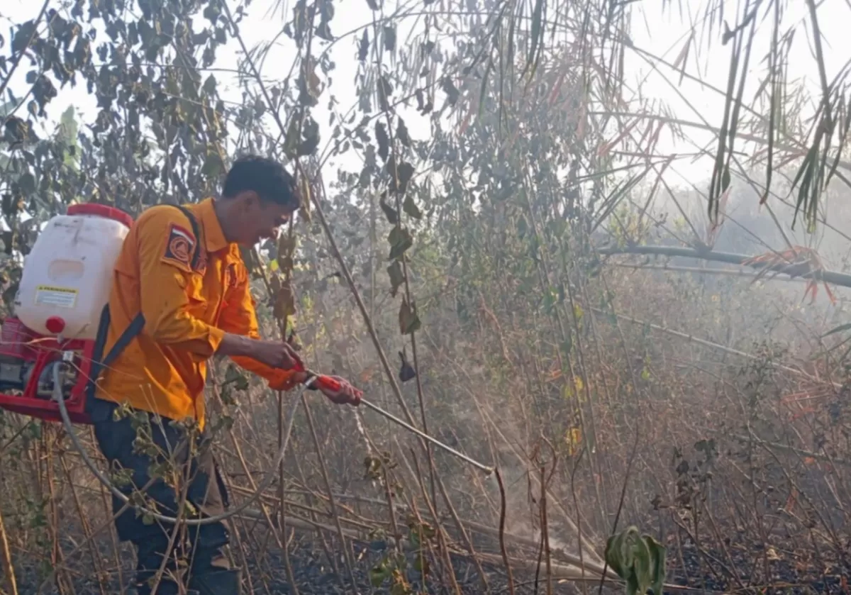 Petugas BPBD bersama unsur terkait berjibaku memadamkan kobaran api yang membakar lahan ilalang di Dawuan, 14 September 2026 (Dok. Istimewa)