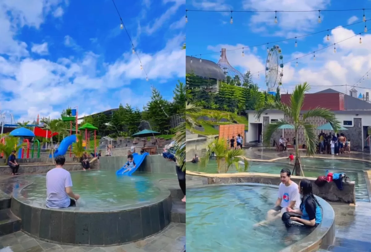Pengunjung menikmati kolam rendam Flora Wisata DCastello, Subang, yang dilengkapi wahana bermain air untuk anak-anak