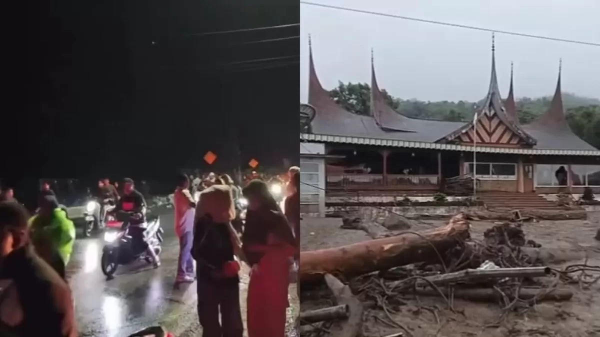 Kepanikan warga saat banjir bandang terjadi di Kabupaten Solok, Sumatera Barat usai hujan deras selama beberapa hari (Instagram/azirsky - desrizaekaputri)