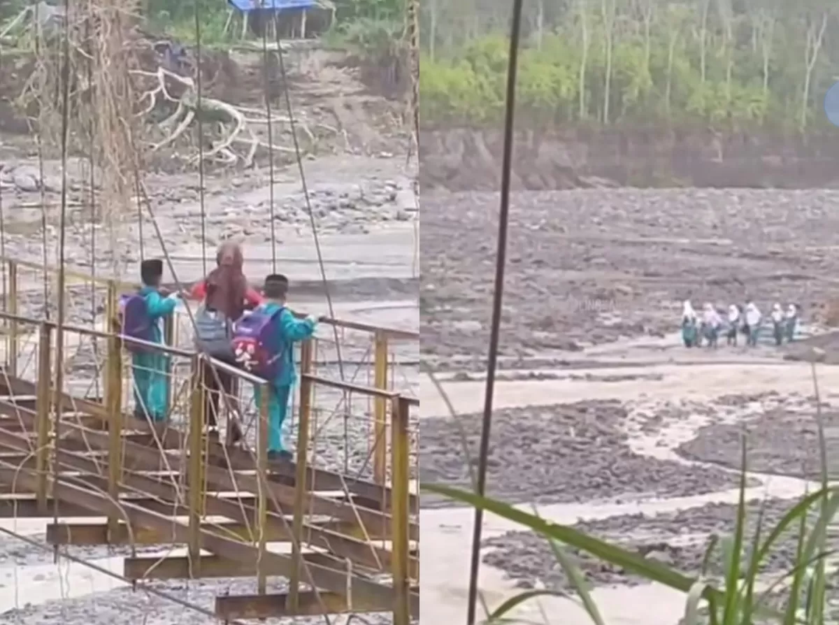 Anak-anak di Aceh Tengah lewati jembatan rusak hingga turun ke sungai untuk pergi ke sekolah karena akses darat terputus. (Instagram.com/@lingkaran_gayo)