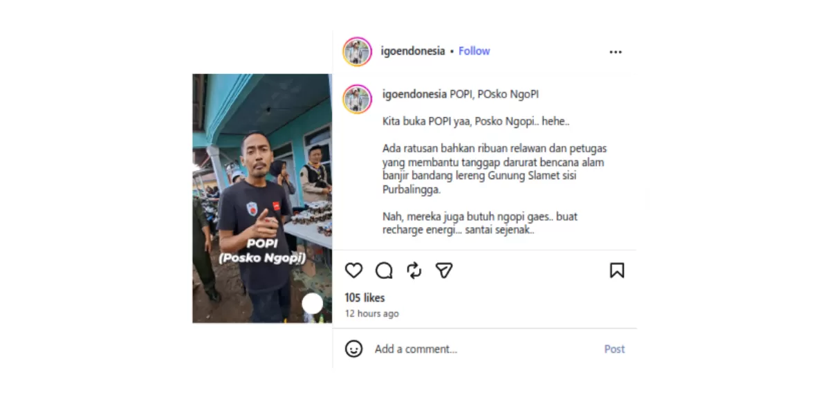 Momen kebersamaan relawan bencana Purbalingga, Jawa Tengah. (Instagram/igoendonesia)
