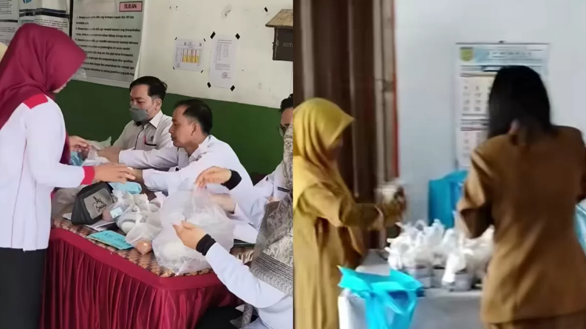 Guru memindahkan menu MBG dari tote bag sebelum dibagikan ke siswa (Instagram/suhardiayim - jeng_saraz)