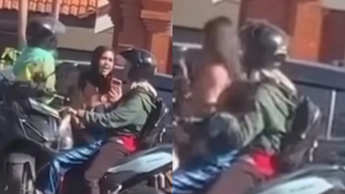 Viral seorang wanita emosi hingga memukul anak pengendara motor di Mojokerto. (Instagram/congkalikodok24)
