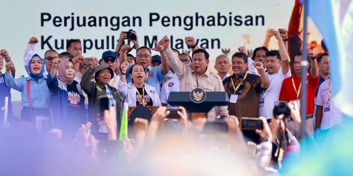 Presiden Prabowo Subianto umumkan pembentukan Satgas PHK saat peringatan Hari Buruh Internasional di Jakarta. (Bakom RI)