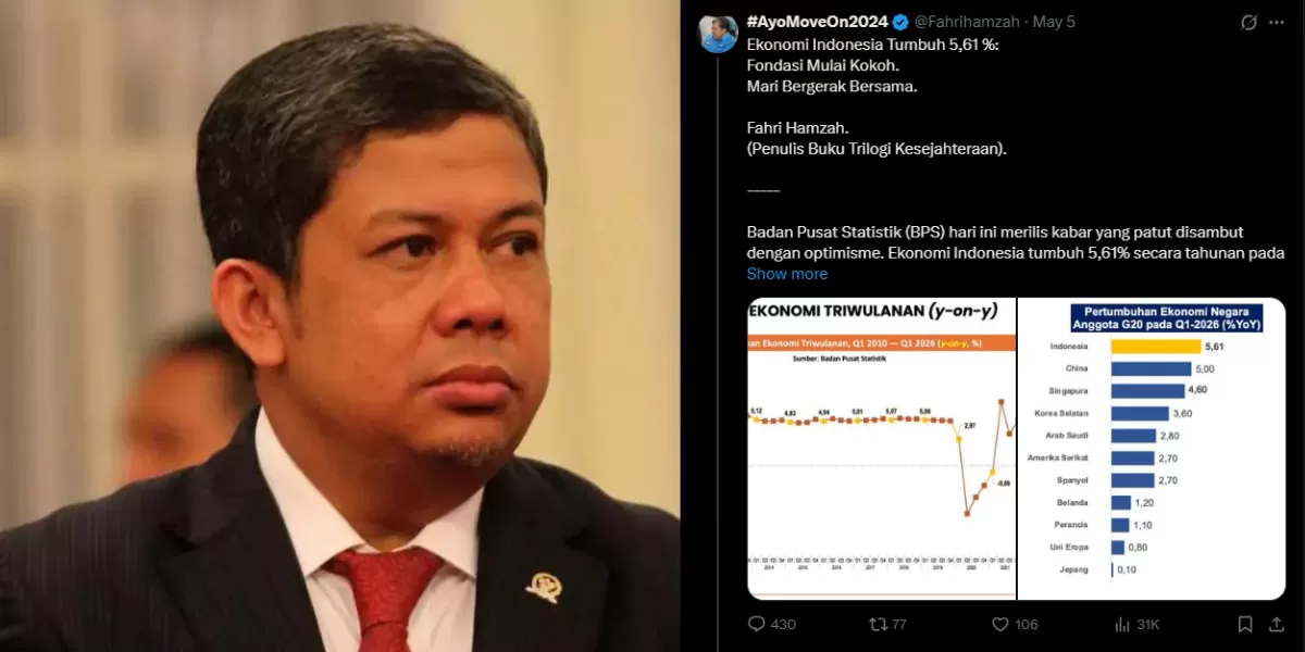 Penulis buku Trilogi Kesejahteraan, Fahri Hamzah menyatakan bahwa ekonomi Indonesia tumbuh 5,61%. (x.com/Fahrihamzah)