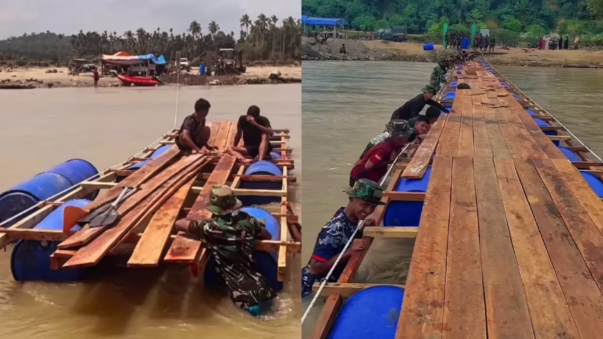 Jembatan apung di Kecamatan Sawang, Aceh Utara hampir rampung usai lebih dari 2 bulan pascabanjir. (Instagram/rully_xabian)
