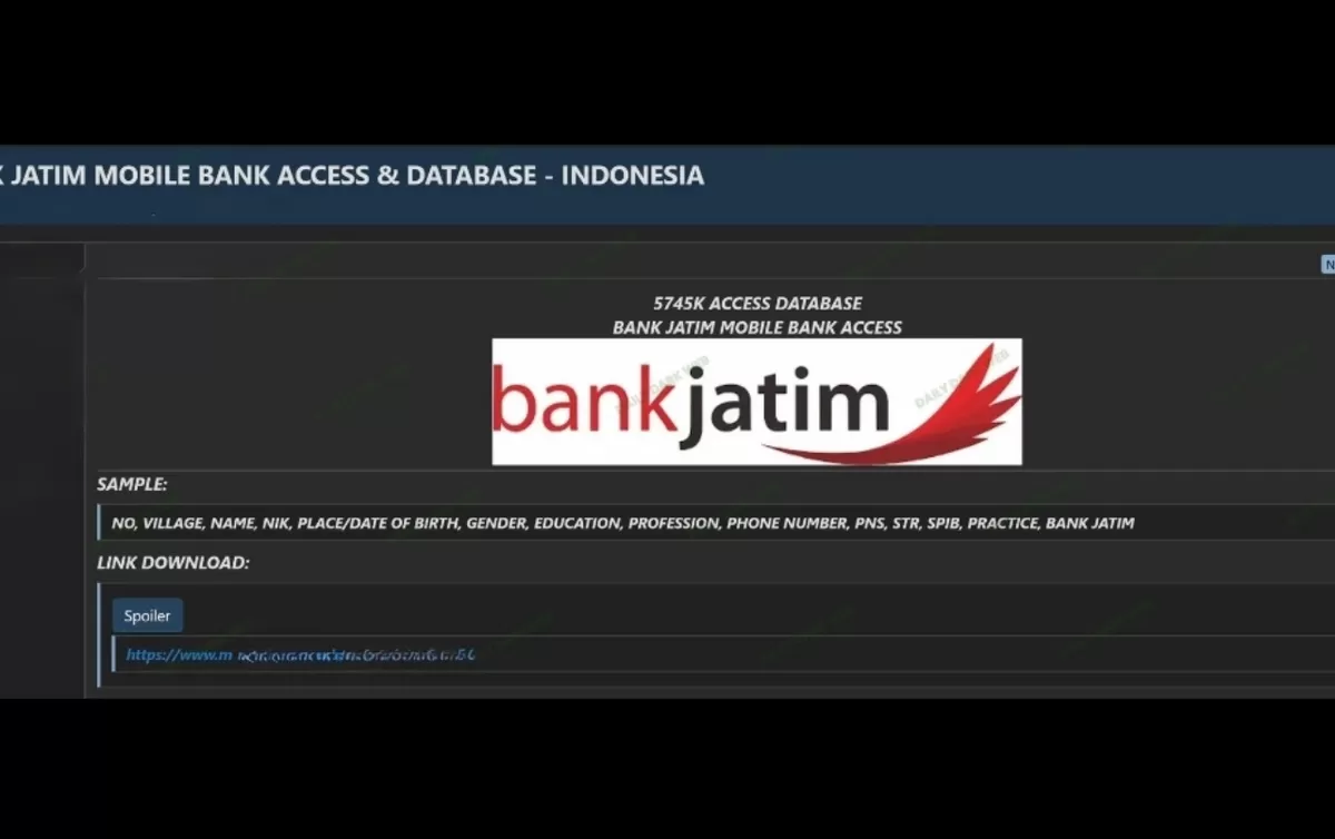 Isu dugaan kebocoran data 5,7 juta nasabah Bank Jatim yang disebut beredar di situs gelap. (X/DarilyDarkWeb)