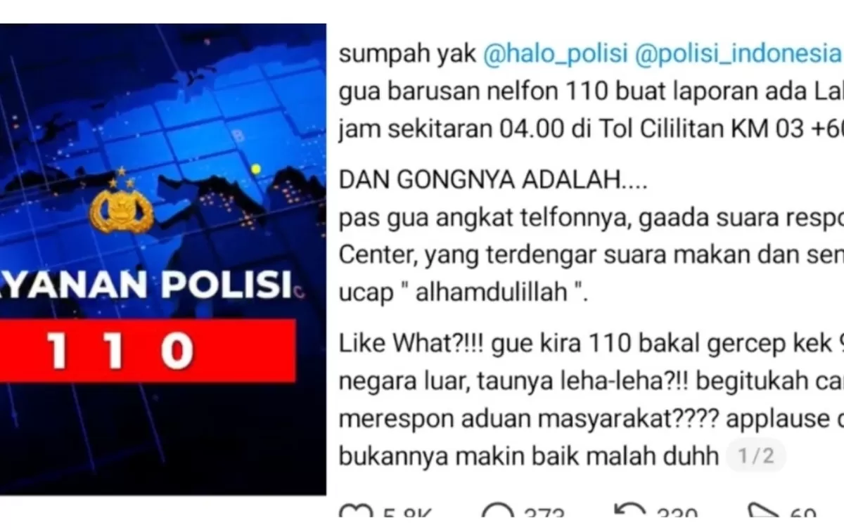 Viral keluhan pelayanan Layanan 110 Polri di media sosial. (Tribrata - Threads/de.pirjin)