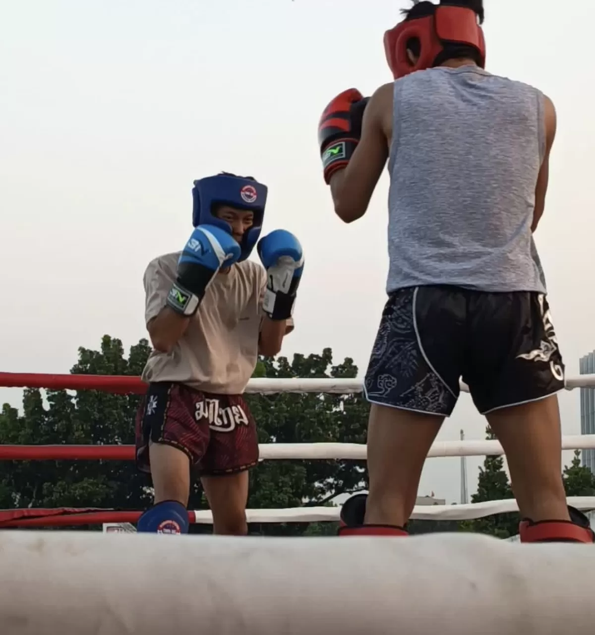 Pengurus Cabang Kickboxing Indonesia Kota Tangerang Selatan (Tangsel) menggelar latihan bersama dan sesi sparring sebagai bagian dari pemusatan latihan atlet di Ruko Mapancas