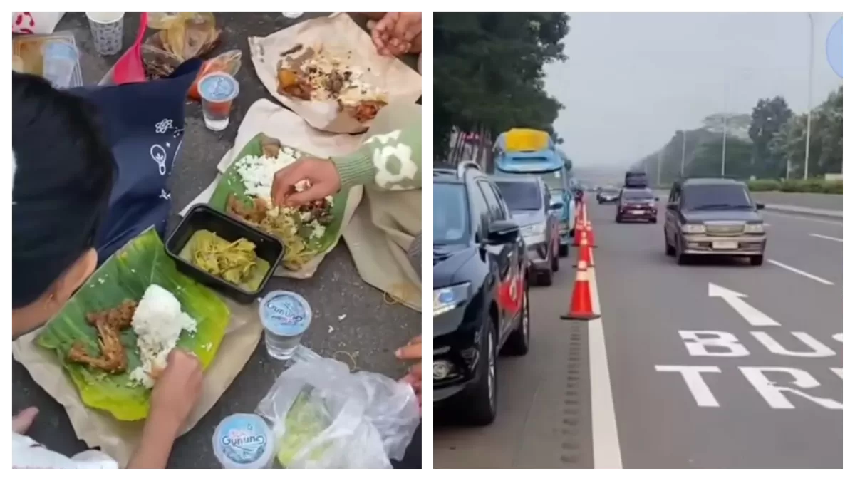 AKSI rombongan pemudik makan di bahu jalan Tol Cipali viral di media sosial. Petugas Satlantas Polres Subang yang berada di lokasi langsung memberikan teguran. (instagram/info.sofifi)