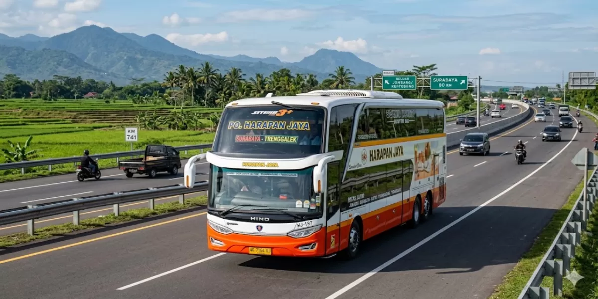 Info Terbaru Jadwal Bus Semarang Kediri PO Harapan Jaya 21-30 April 2026 Rute Semarang - Salatiga - Boyolali - Solo - Sragen - Ngawi - Kediri (Ilustrasi gambar )