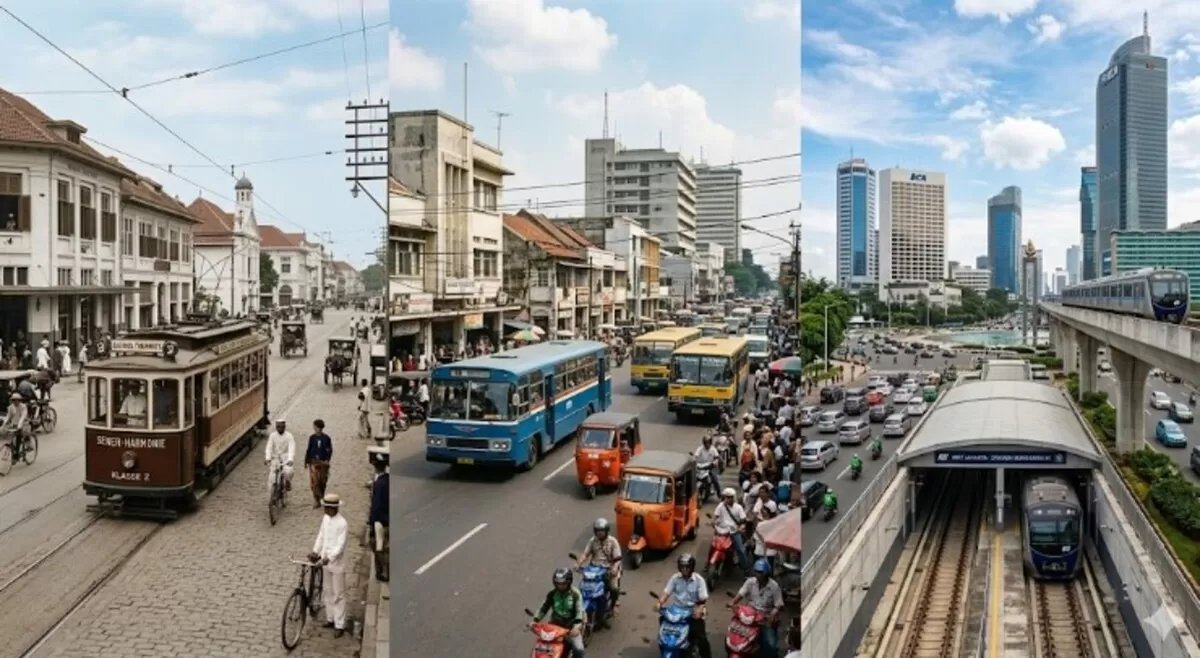 Ilustrasi sejarah moda transportasi di Jakarta (gemini ai)