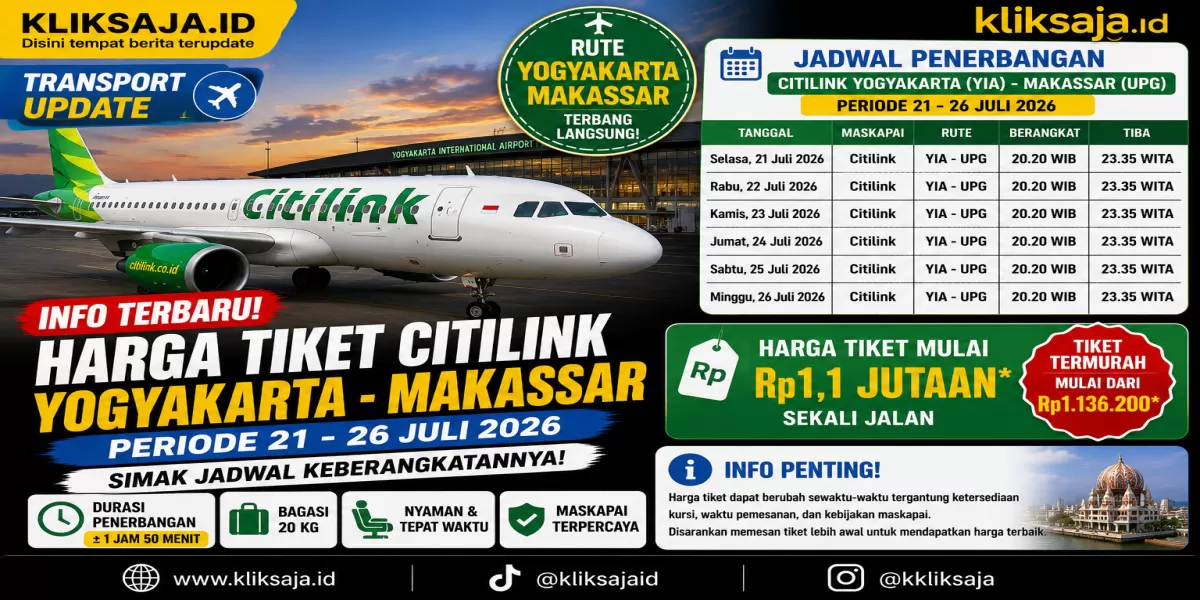 Harga Tiket Citilink Rute Yogyakarta - Makassar Periode 21 - 26 Juli 2026 Mulai Rp1 Jutaan, Simak Jadwal Keberangkatannya! (Ilustrasi gambar)