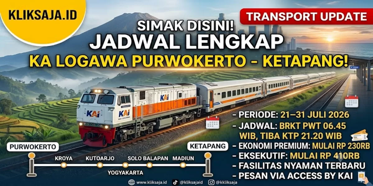 SIMAK DISINI! Jadwal Keberangkatan, Tarif Tiket, dan Cara Pesan KA Logawa Rute Purwokerto - Kroya - Kutoarjo - Ketapang Periode 21 - 31 Juli 2026 (Ilustrasi gambar )
