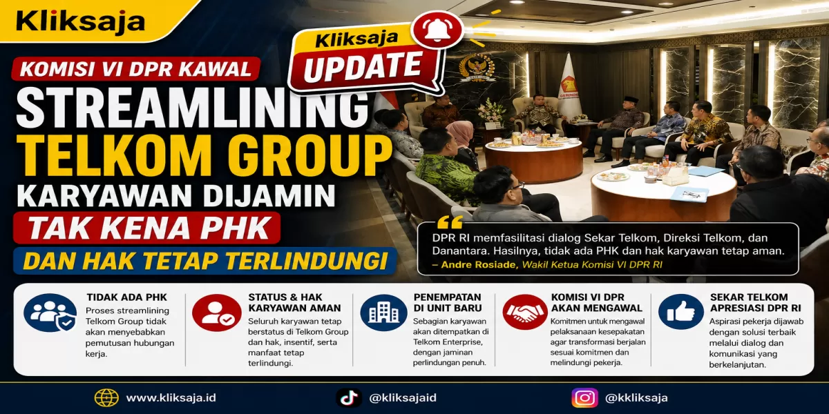 Komisi VI DPR Kawal Streamlining Telkom Group, Karyawan Dijamin Tak Kena PHK dan Hak Tetap Terlindungi (Wakil Ketua DPR RI, Sufmi Dasco Ahmad bersama pimpinan Komisi VI DPR RI menerima perwakilan Serikat Karyawan Telkom Indonesia (Sekar Telkom) di Gedung DPR RI, Senayan, Jakarta, pada Kamis, 23 Juli 2026.)