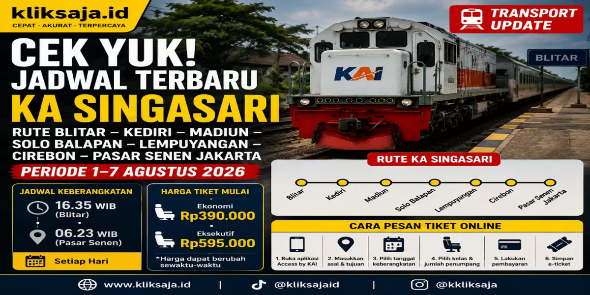 CEK YUK! Jadwal Terbaru KA Singasari Rute Blitar - Kediri - Madiun - Solo Balapan - Lempuyangan - Cirebon - Pasar Senen Periode 1&ndash;7 Agustus 2026 (Ilustrasi gambar )