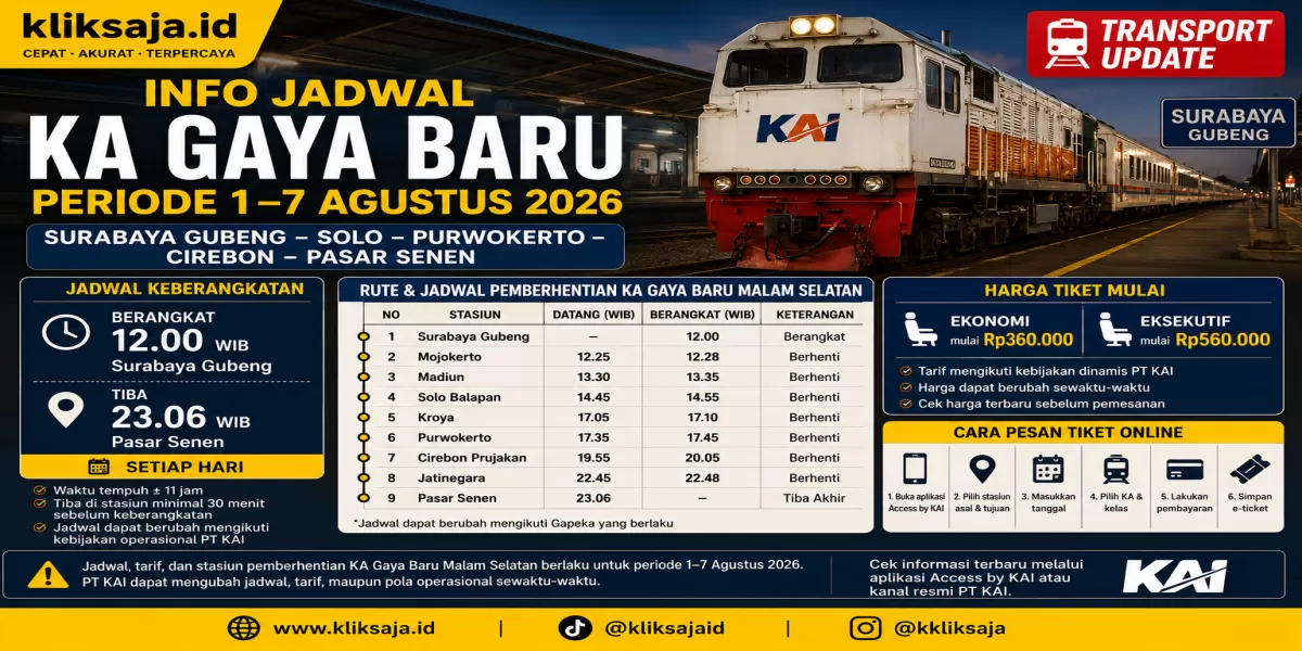 Info Jadwal KA Gaya Baru Periode 1&ndash;7 Agustus 2026, Berangkat dari Surabaya Gubeng - Solo - Purwokerto - Cirebon - Pasar Senen Jakarta  (Ilustrasi gambar )
