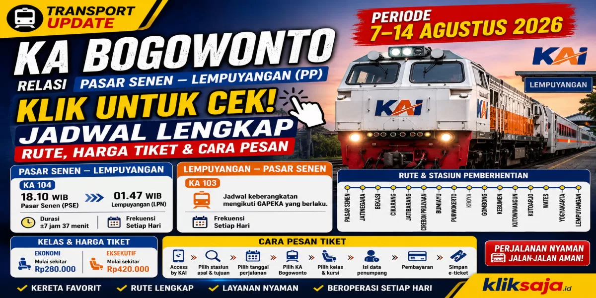 Klik untuk Cek! Jadwal KA Bogowonto Periode 7&ndash;14 Agustus 2026 Rute Pasar Senen - Jatinegara - Bekasi - Cikarang - Jatibarang - Lempuyangan (Ilustrasi gambar )