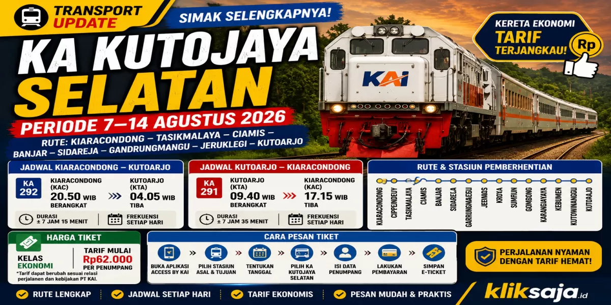 Simak Selengkapnya! Jadwal KA Kutojaya Selatan Periode 7&ndash;14 Agustus 2026, Rute Kiaracondong - Tasikmalaya - Ciamis - Banjar - Kutoarjo (Ilustrasi gambar )
