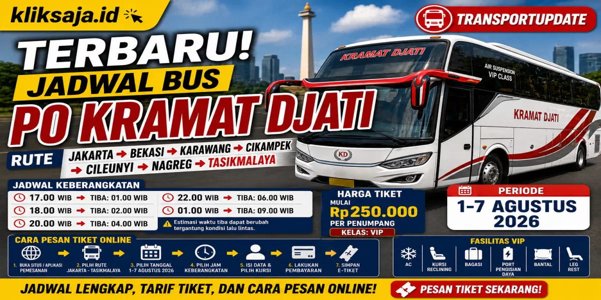 TERBARU! Jadwal Bus PO Kramat Djati Rute Jakarta - Bekasi - Karawang - Cikampek - Cileunyi - Nagreg - Tasikmalaya Periode 1&ndash;7 Agustus 2026 (Ilustrasi gambar )