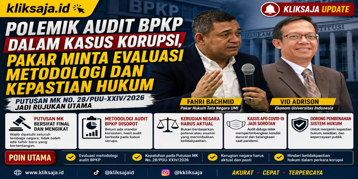Polemik Audit BPKP dalam Kasus Korupsi, Pakar Minta Evaluasi Metodologi dan Kepastian Hukum (_Pakar Hukum Tata Negara UMI Fahri Bachmid (kiri) dan Ekonom UI Vid Adrison menyoroti pentingnya evaluasi metodologi audit BPKP serta kepatuhan terhadap Putusan MK No. 28/PUU-XXIV/2026. Penggunaan metodologi berbasis asumsi dinilai berpotensi menciptakan ketidakpastian hukum dan merugikan para pencari keadilan dalam perkara tindak pidana korupsi. (Foto: Facebook dan UI)_)