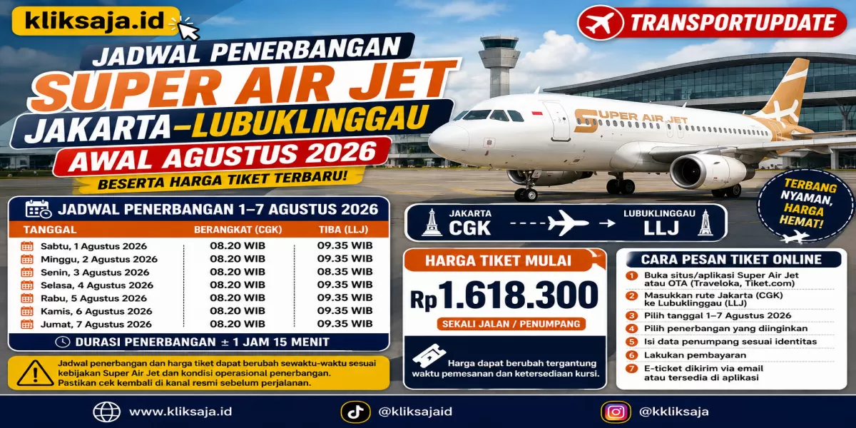 Catat! Jadwal Penerbangan Super Air Jet Jakarta&ndash;Lubuklinggau Awal Agustus 2026 Beserta Harga Tiket Terbaru (Ilustrasi gambar )